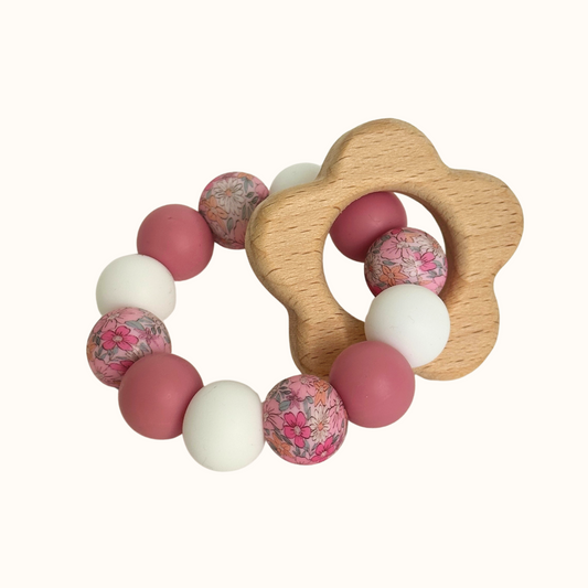 hochet anneau de dentition Mawen Materne bois silicone perles rose