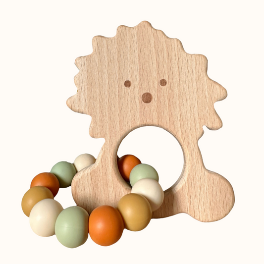 hochet anneau de dentition Mawen Materne bois silicone perles jaune