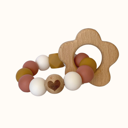 hochet anneau de dentition Mawen Materne bois silicone perles rose