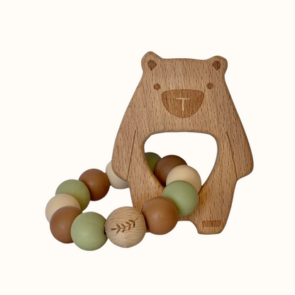 hochet anneau de dentition Mawen Materne bois silicone perles vert marron
